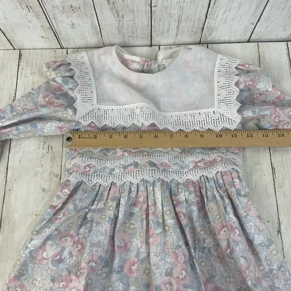 Vtg Polly Flinders Bib Collar w/ Lace Girls Sz 6 Pastel Floral Dress Cottagecore
